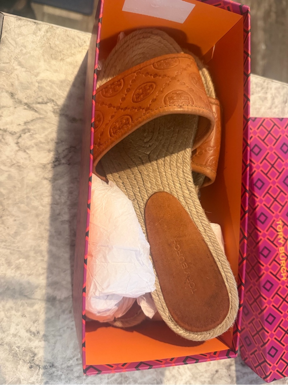 Tory Burch Cognac Leather Embossed Slide Sandal